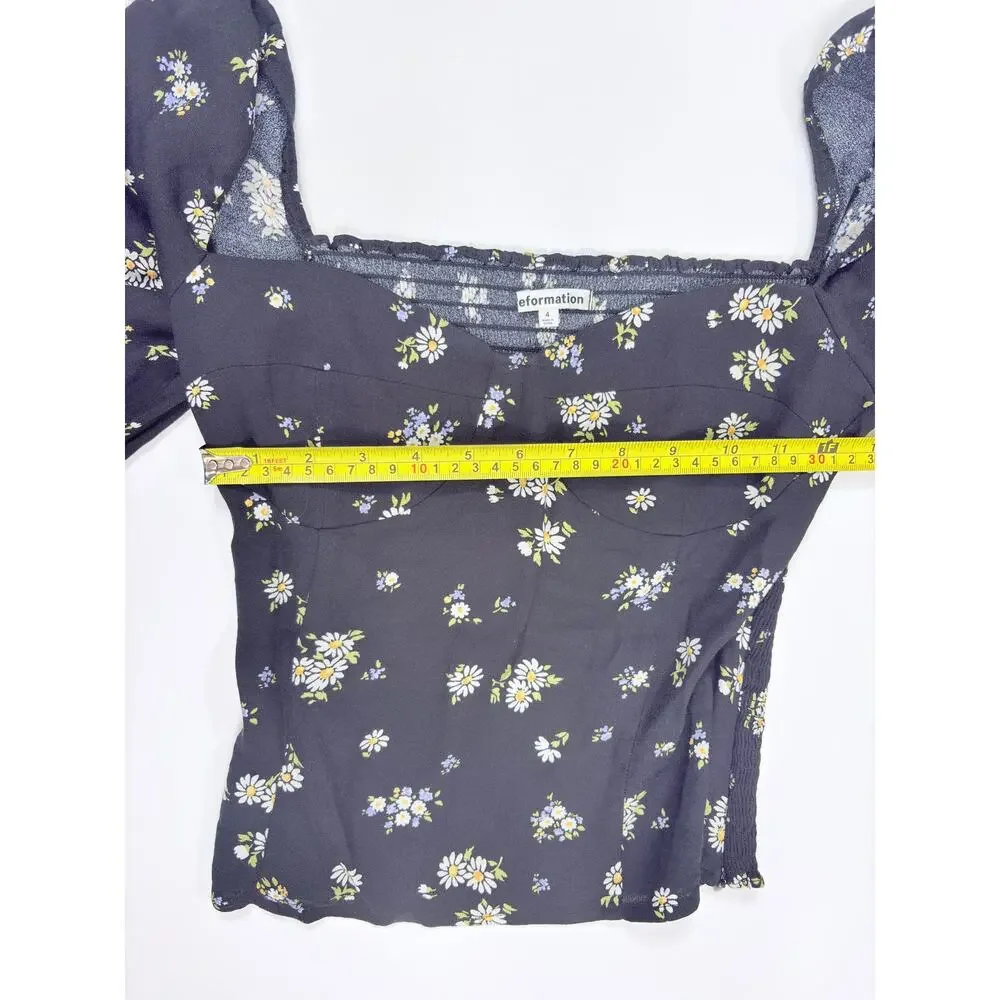 Romantic French Girl Black Ditsy Floral Print Reformation Puff Sleeve Top Size 4